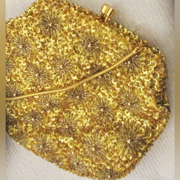 Genie Handbags - Genie Vintage Golden Sunbursts Swiss Dot Beaded Satin Evening Bag
